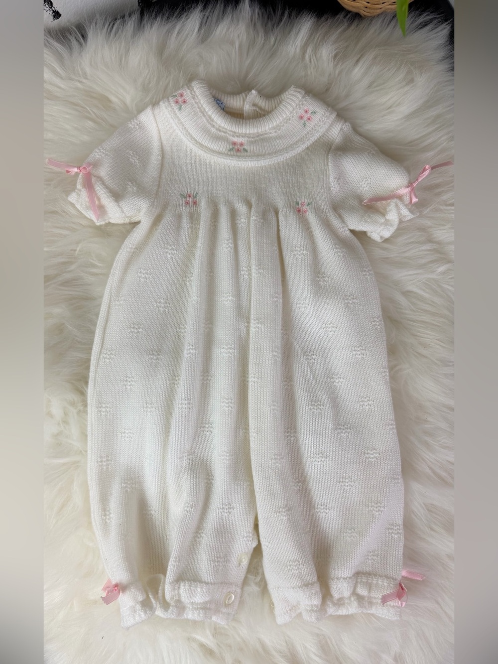 Vintage Made in Spain Knit WhiteFloral Baby Longall Bubble Romper Size 6-9 Month